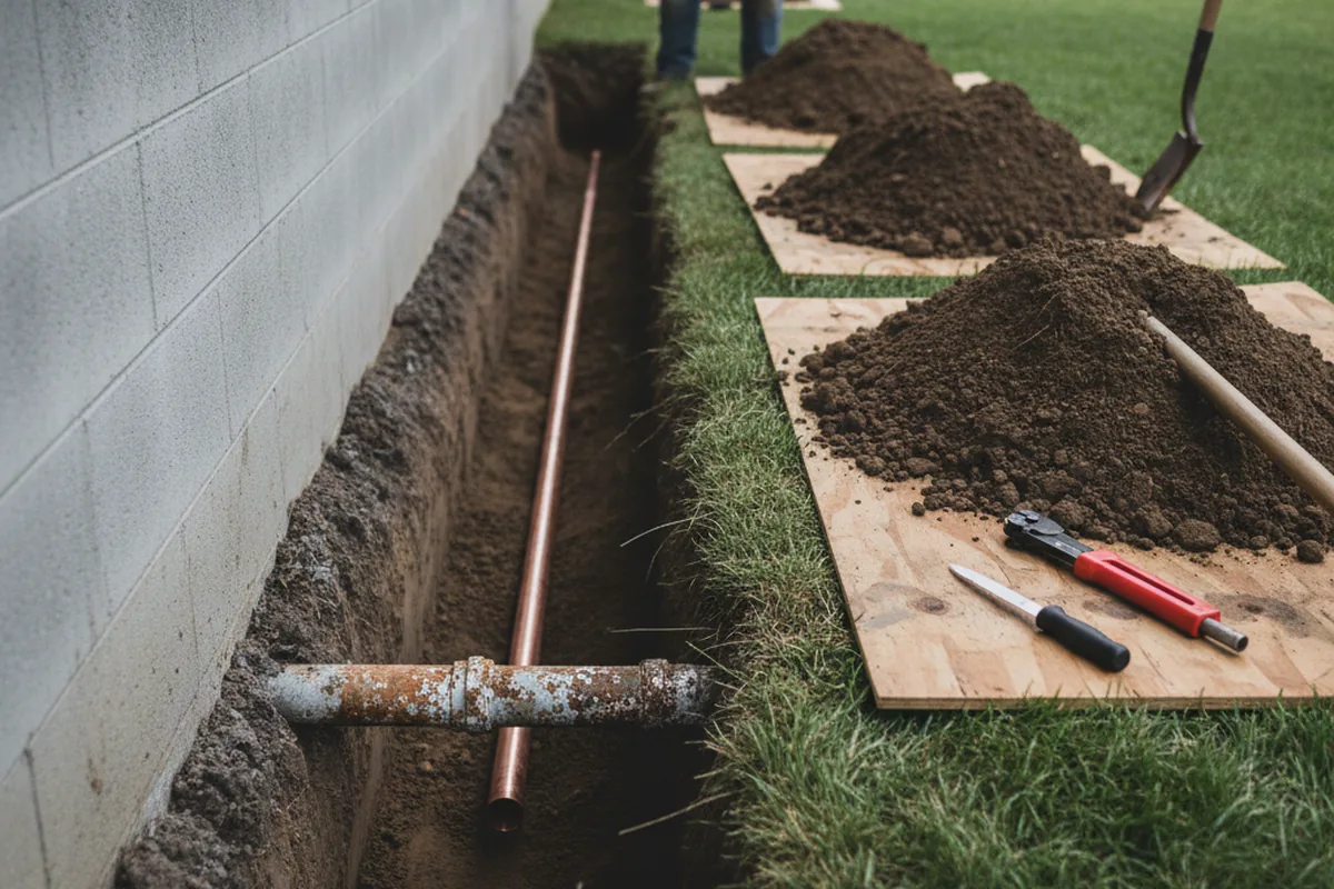 Excavated water line trench during Water Heater Repair in Pontotoc